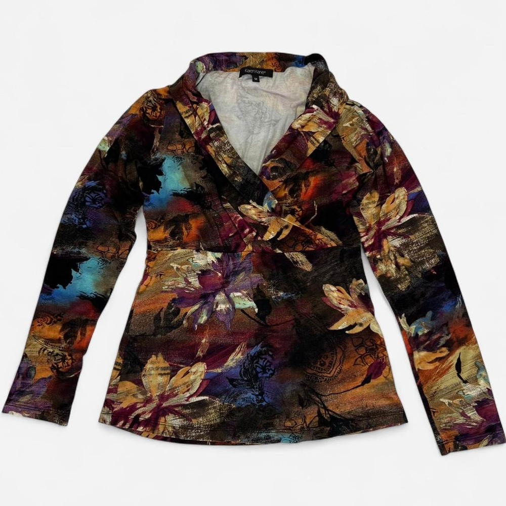 Karen Kane 2010s era vintage floral artsy multicolor print long sleeve cowl wrap